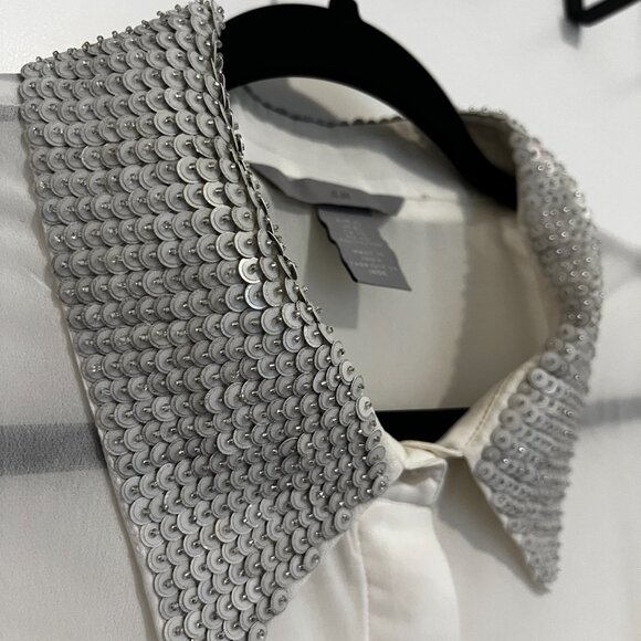 Women's Blouse - Sheer Cream Blouse with Sequin Collar - Picture 2 of 10